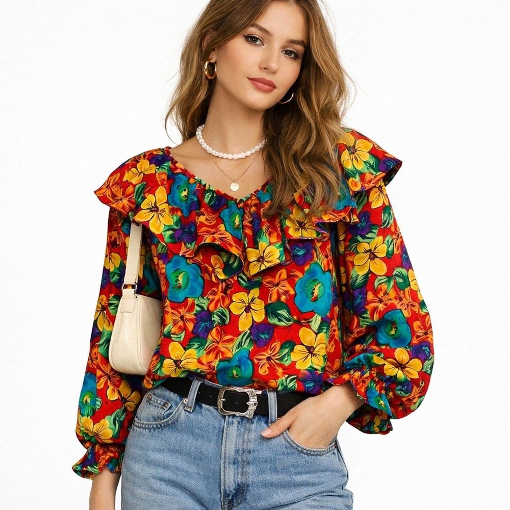 Vintage 90s Silk Exchange Womens Blouse Tropical Floral Balloon‎ Sleeve Resort